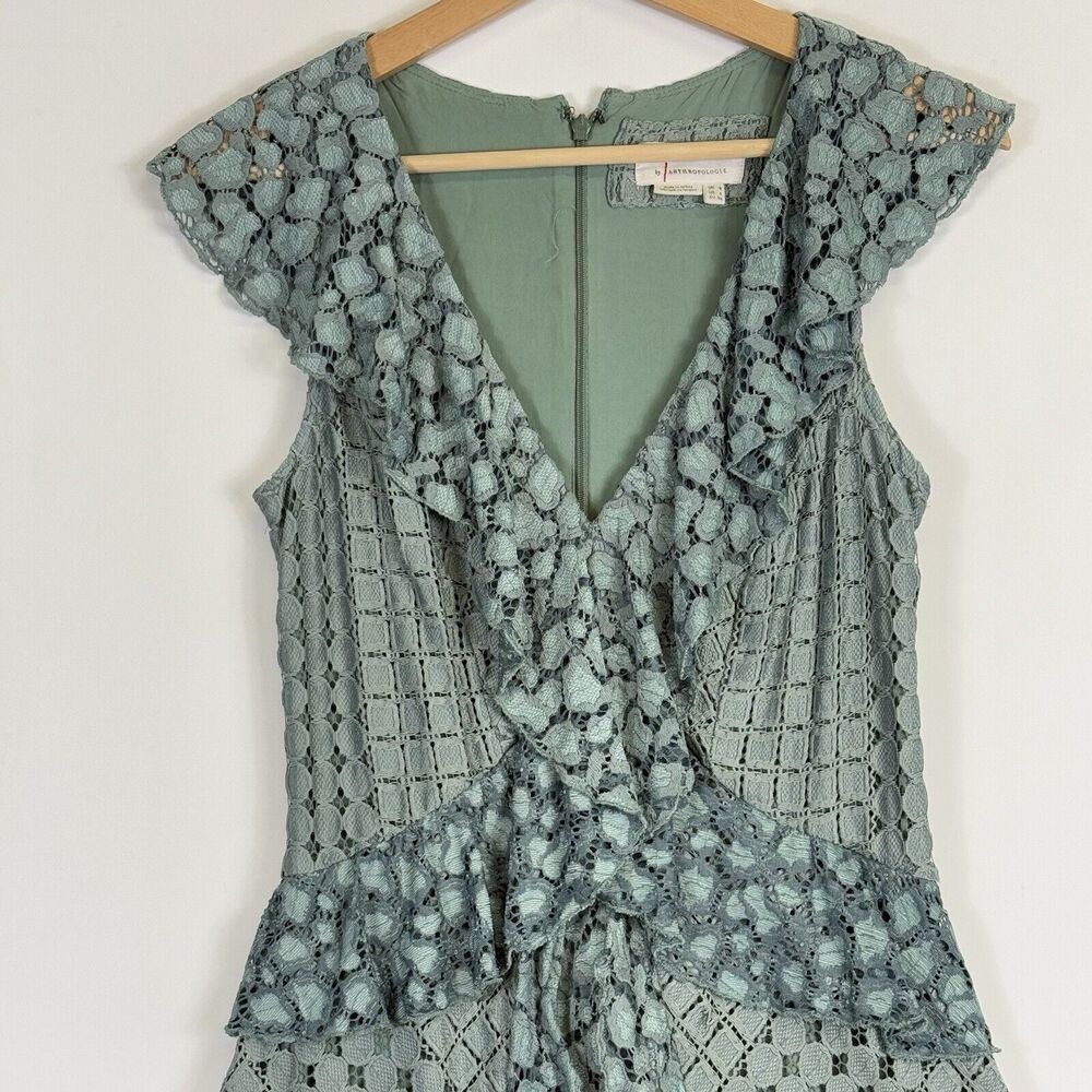 Anthropologie Lace Ruffle‎ Midi Dress Women Size 4 Sage Green Boho Cottagecore - Picture 2 of 9